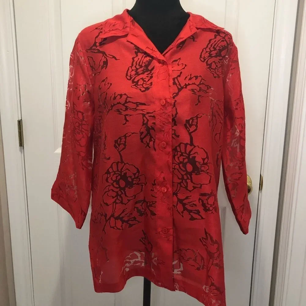 TanJay red button down blouse with sheer flowers - Picture 2 of 11